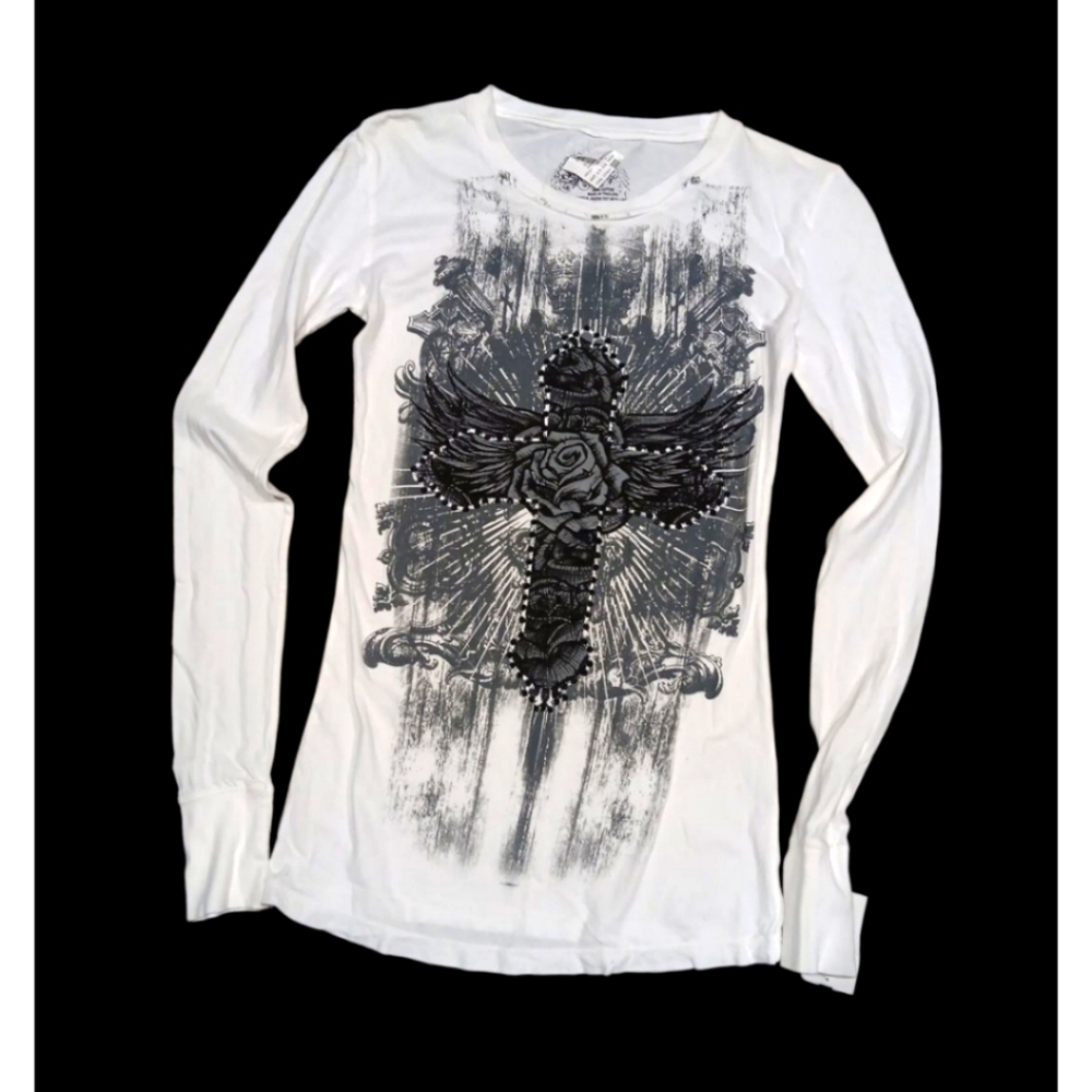 Y2k Stranded White Long Sleeve Tee with Graphic Design Sz S New